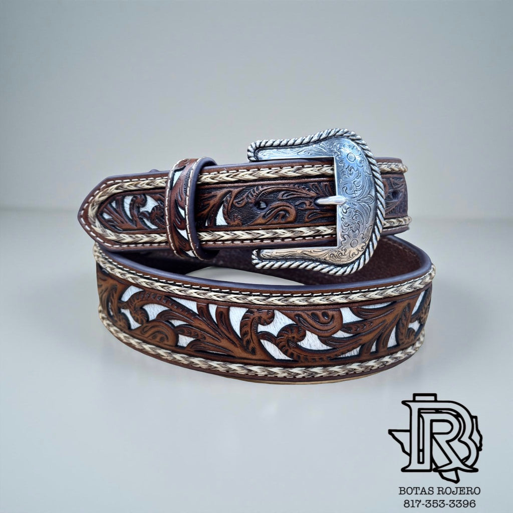 ‘’JONES’’ Nocona Men's Brown with cowhide Inlay Tooled Western Belt |N20009602