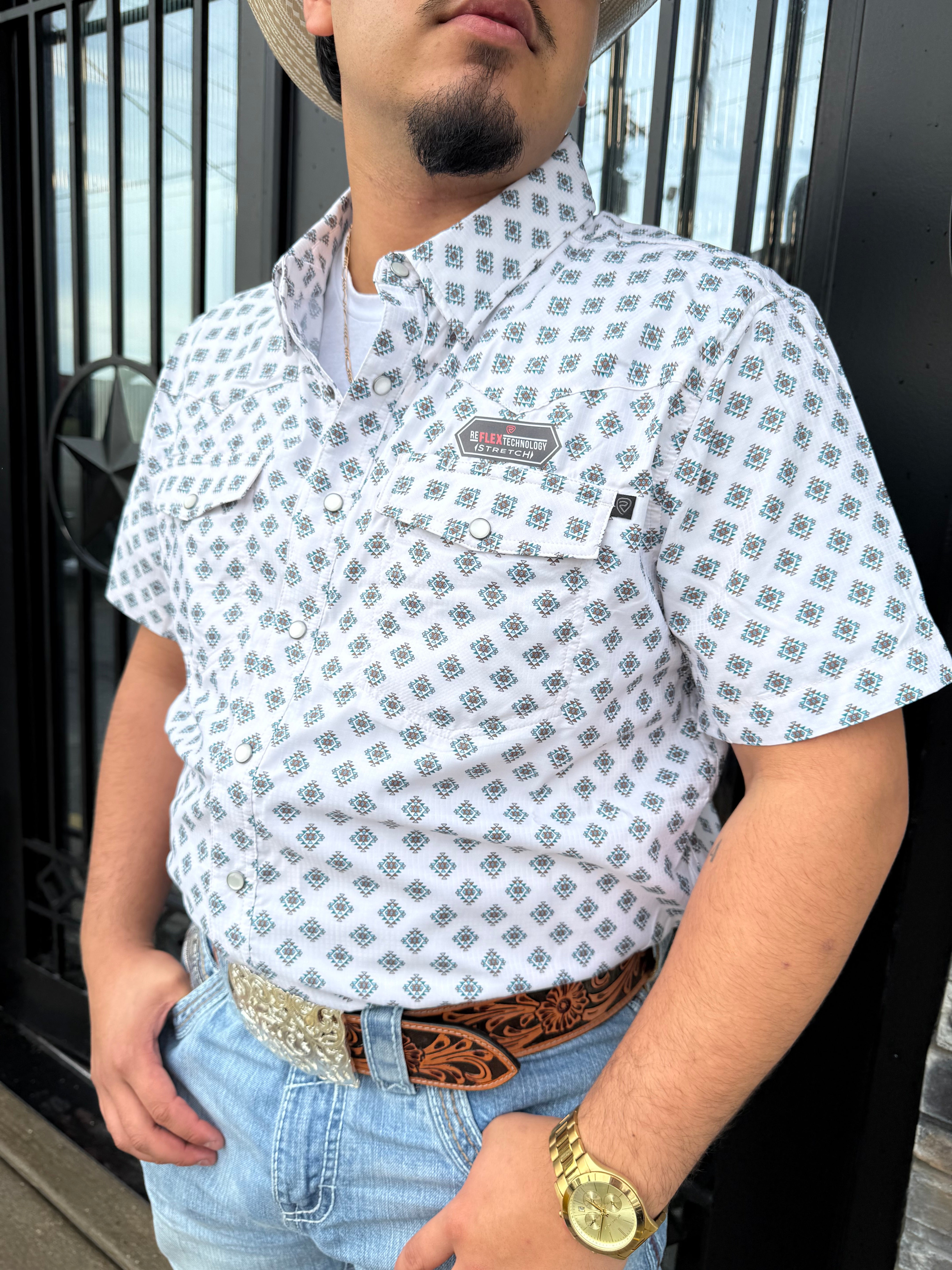 ‘’JOHN’’ MEN’S NATURAL GEO PRINT TEK SHORT SLEEVE SNAP SHIRT | BMN3S06424