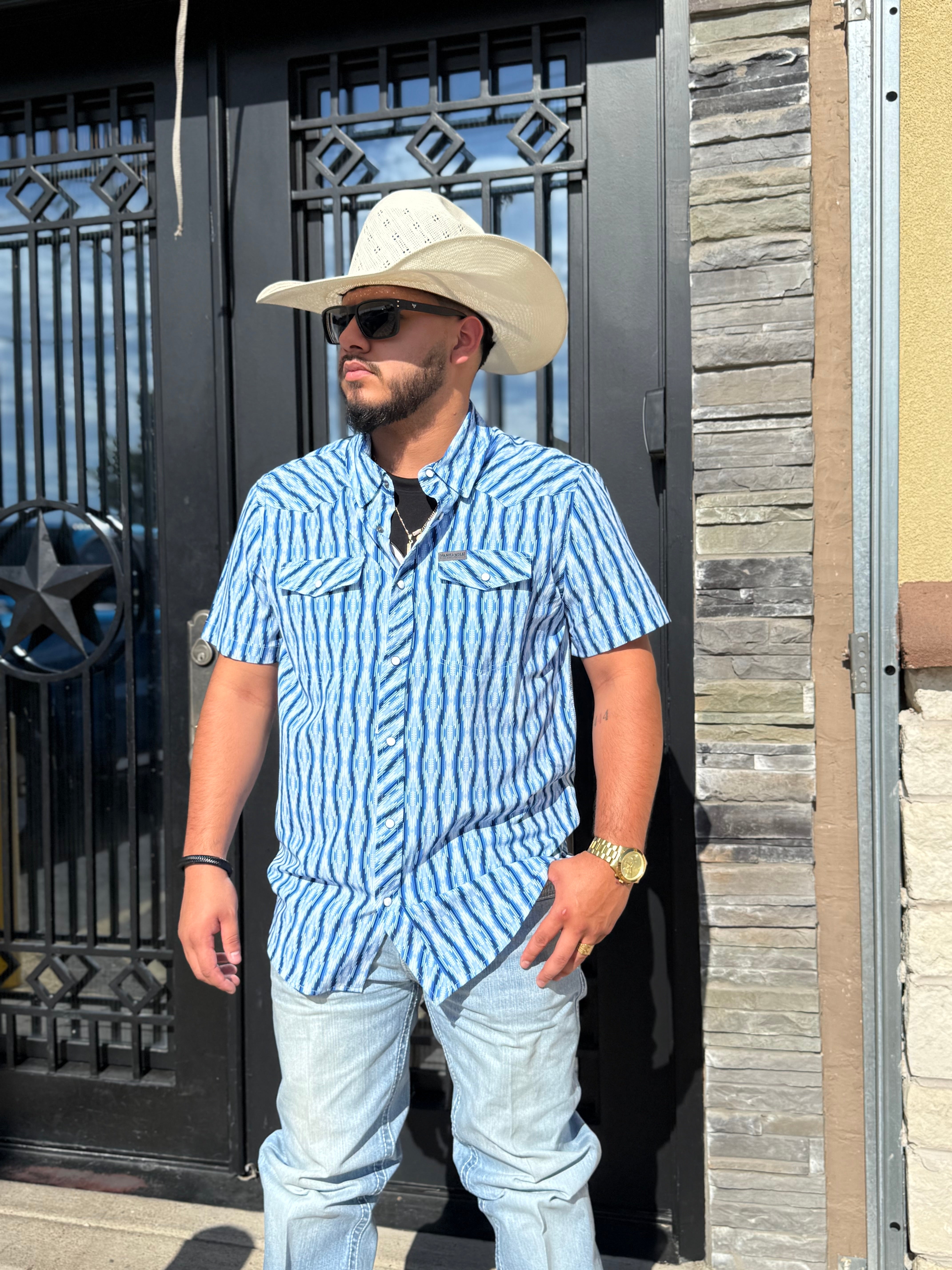 Mens Rock & roll Aztec woven blue shirt | TMN3S04291