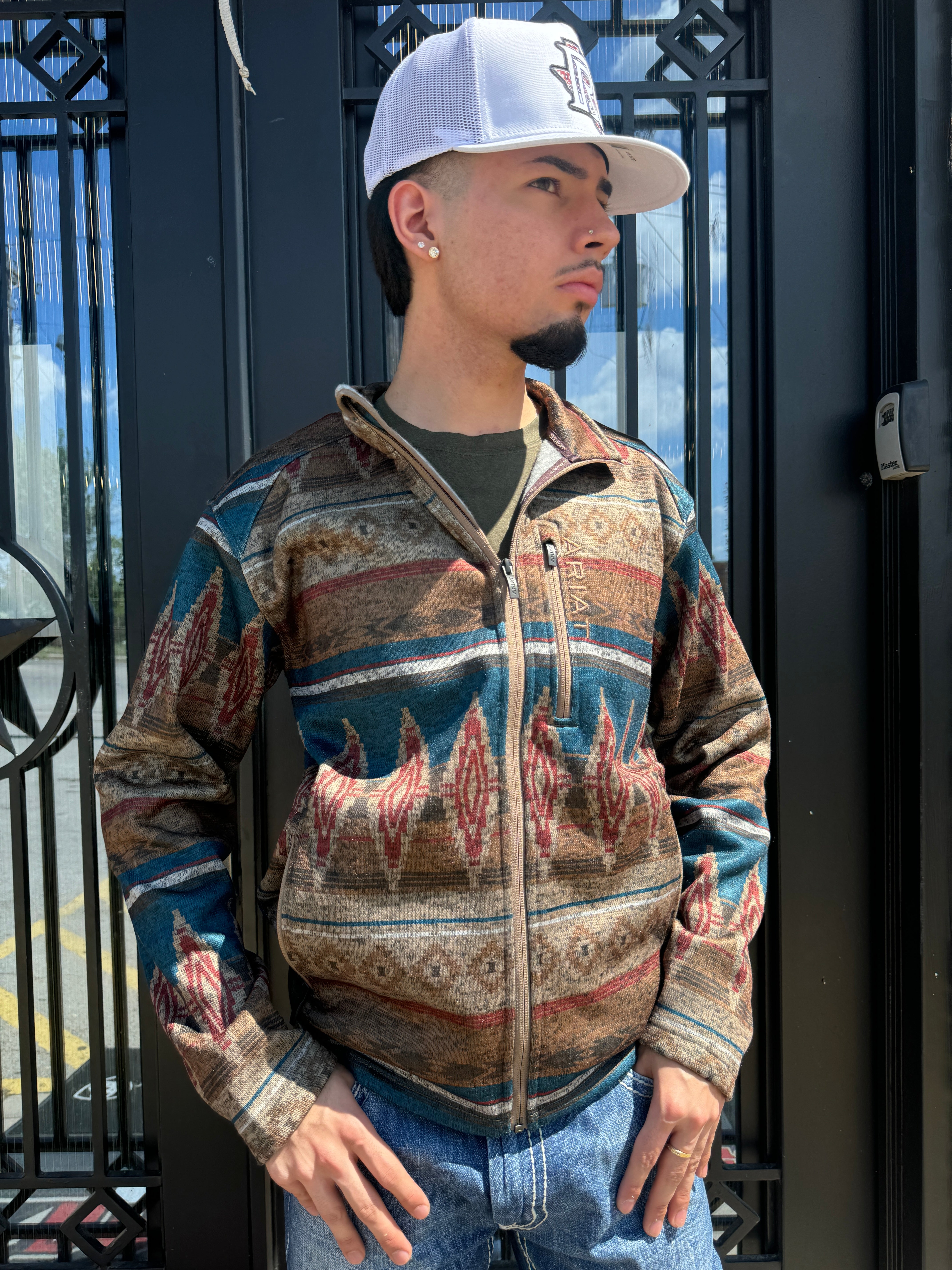 MENS ARIAT OXFORD TAN SOUTHWEST PRINT CALDWELL FULL ZIPPER SWEATER | 10052818