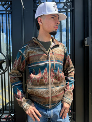 MENS ARIAT OXFORD TAN SOUTHWEST PRINT CALDWELL FULL ZIPPER SWEATER | 10052818