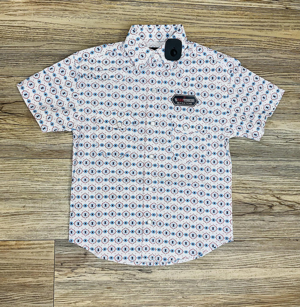 ‘’ERIK’’ BOY’S ROCK & ROLL WHITE AZTEC PRINT SHORT SLEEVE SHIRT |BBN3S06489