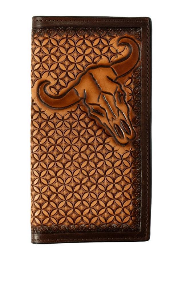 3D Western Wallet Mens Rodeo Cow Skull Stained Edge Brown |D250015302