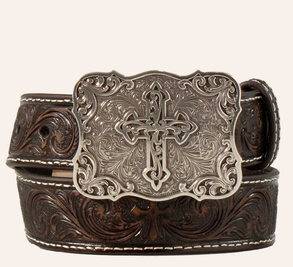 ‘’ANNA’’ Nocona Western Girls Youth Belt Leather Embossed Cross Brown |N4443102