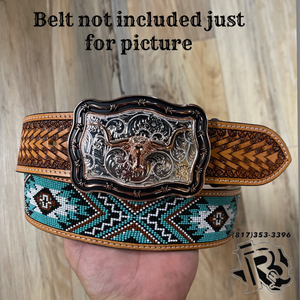 “ BRONZE LONG HORN “ | WESTERN SQUARE BUCKLE TOOLED DESIGN
