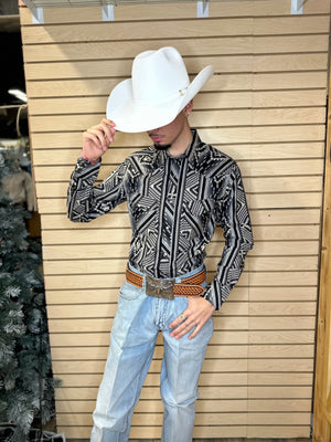 Men’s long sleeve Aztec woven snap black shirt | BMN2S02166