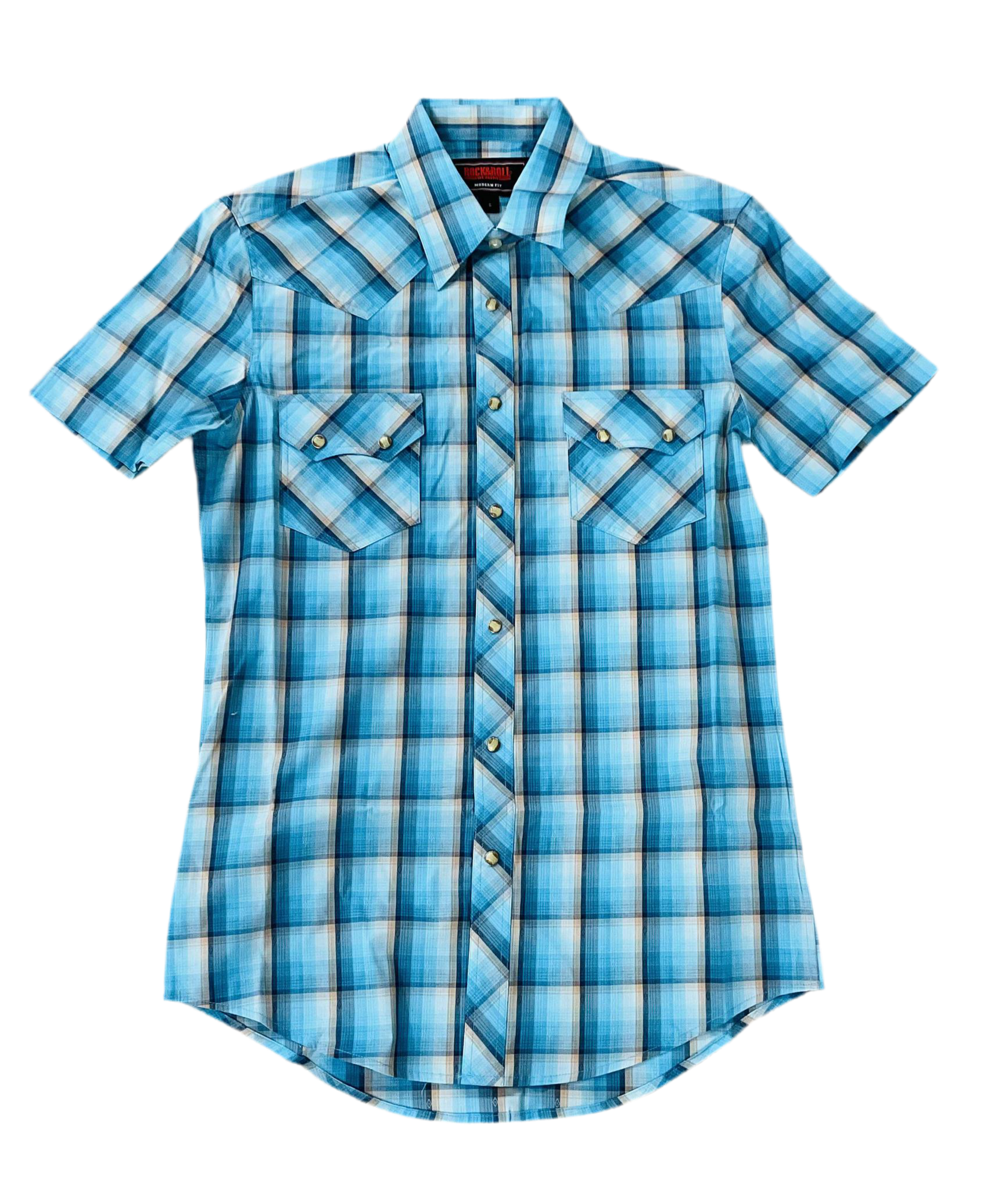 MEN’S ROCK & ROLL MODERN FIT PLAID DOBBY BRIGHT TURQUOISE SHORT SLEEVE SNAP SHIRT | BMN3S05852