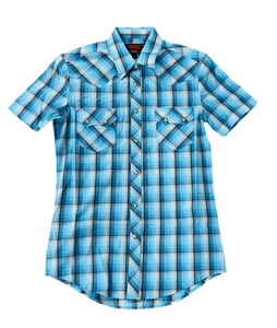 MEN’S ROCK & ROLL MODERN FIT PLAID DOBBY BRIGHT TURQUOISE SHORT SLEEVE SNAP SHIRT | BMN3S05852