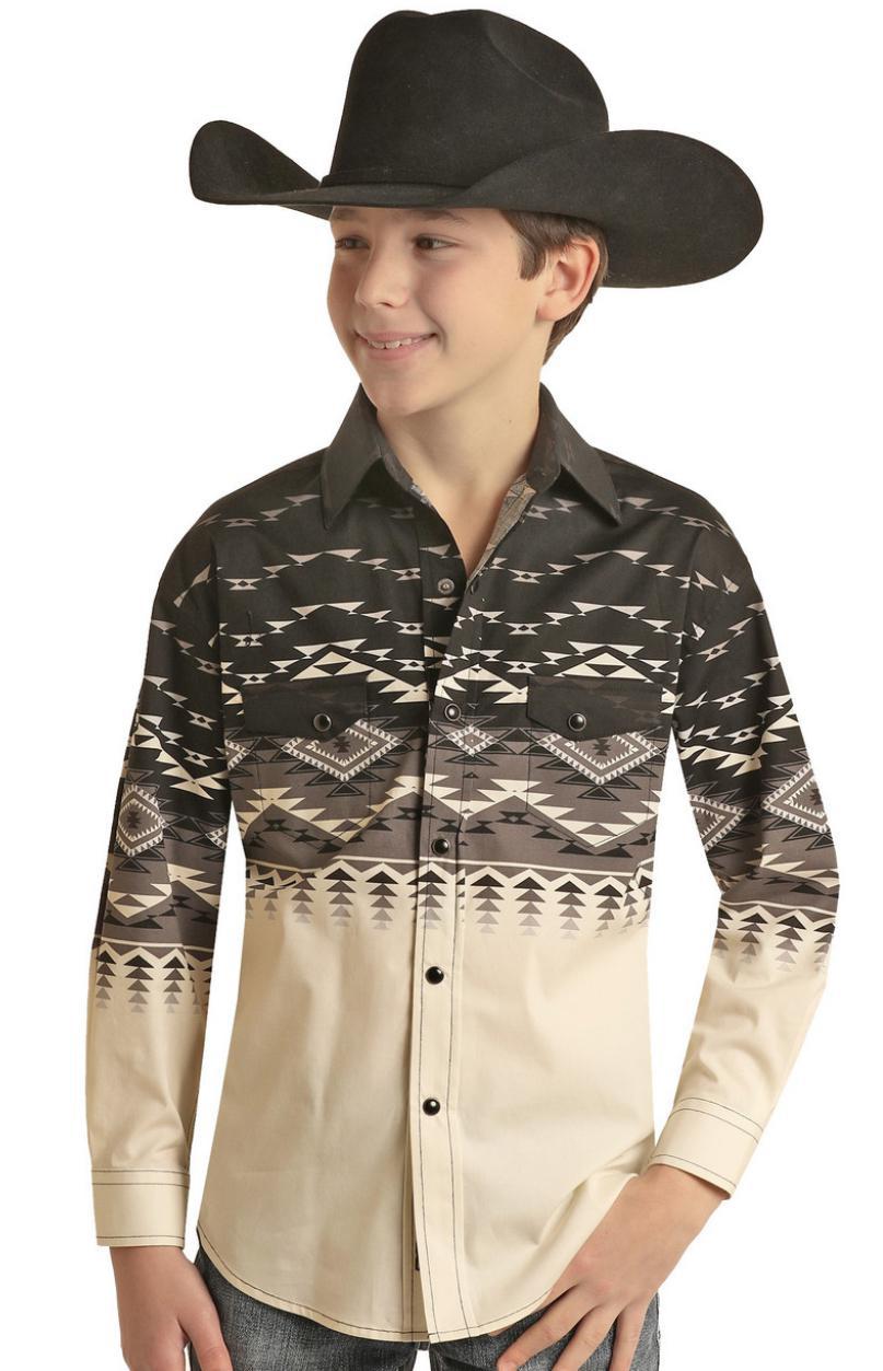 BOYS ROCK & ROLL  AZTEC PRINT LONG SLEEVE SNAP SHIRT | BBN2S02511