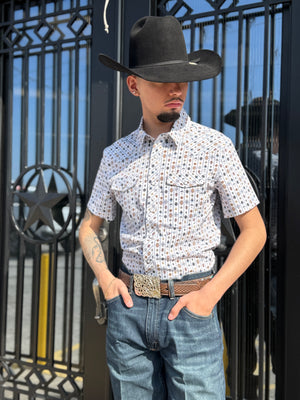 MENS PANHANDLE  WHITE AZTEC STRIPED SHORT SLEEVE SNAP PERFORMANCE SHIRT |TMN3S05720