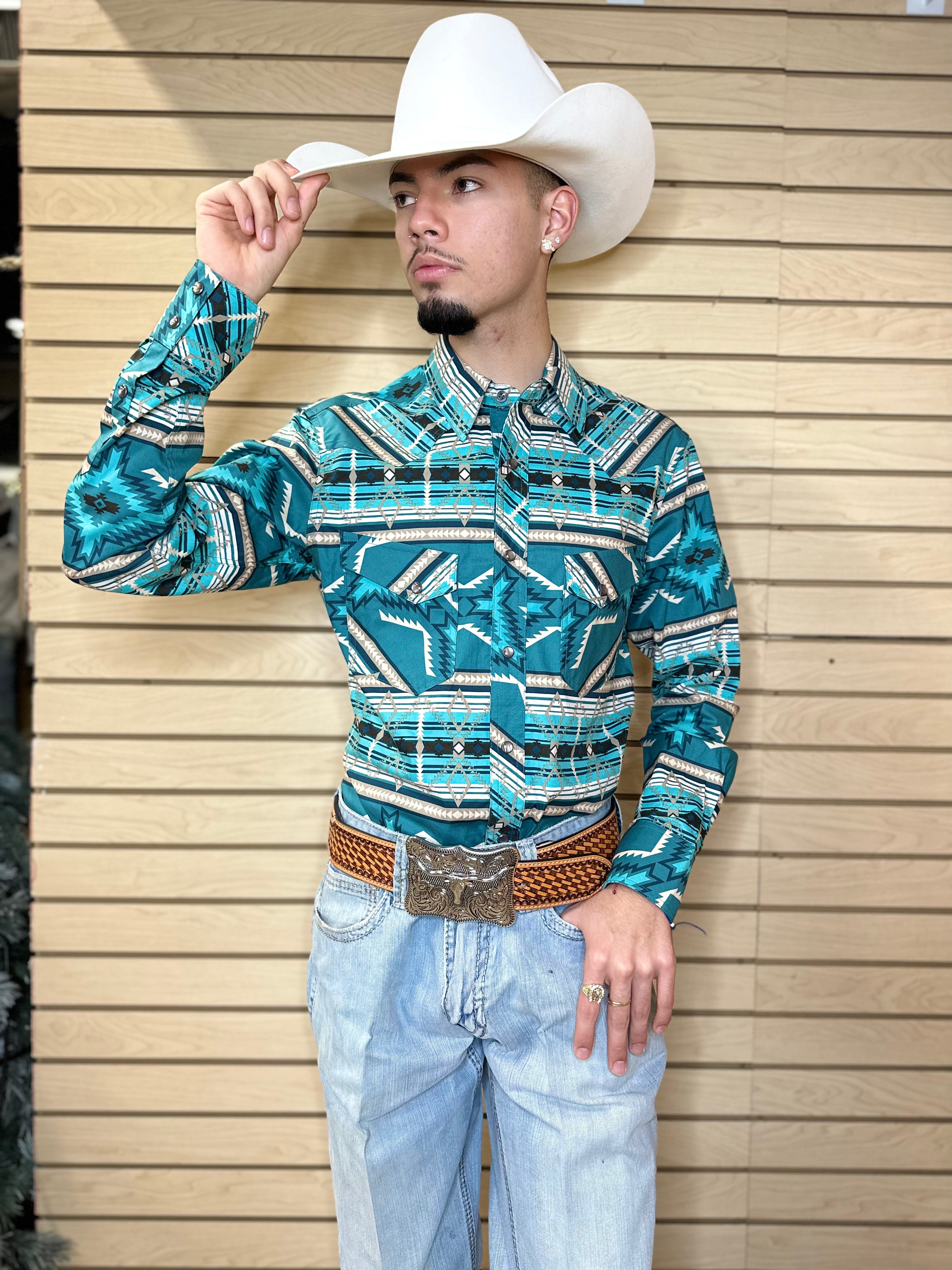 ‘’LEO’’ MENS ROCK & ROLL AZTEC WOVEN TURQUOISE SHIRT | BMN2S02535