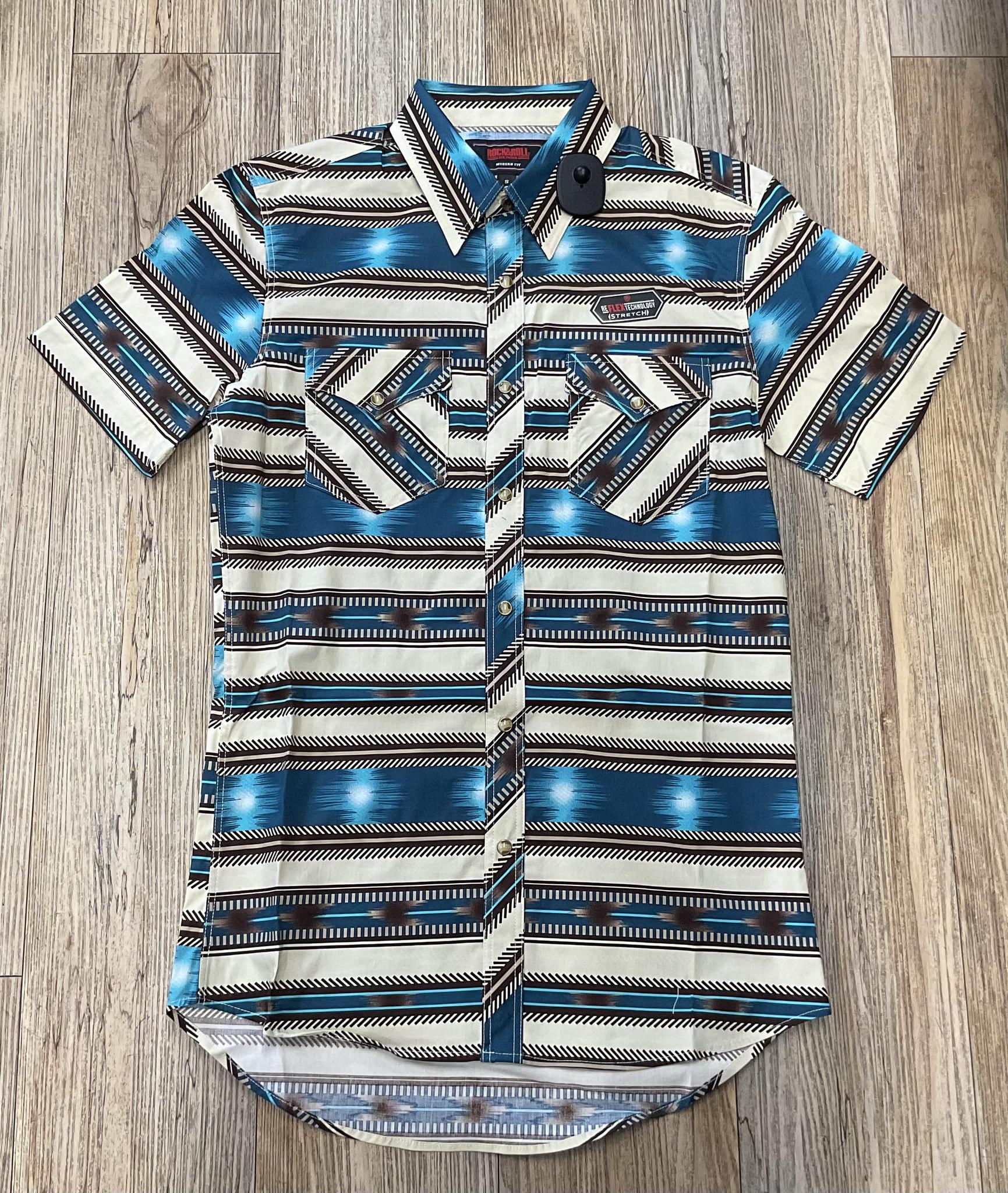 MENS ROCK & ROLL BRIGHT TURQUOISE AZTEC STRIPE PRINT SHORT SLEEVE SHIRT | BMN3S05854