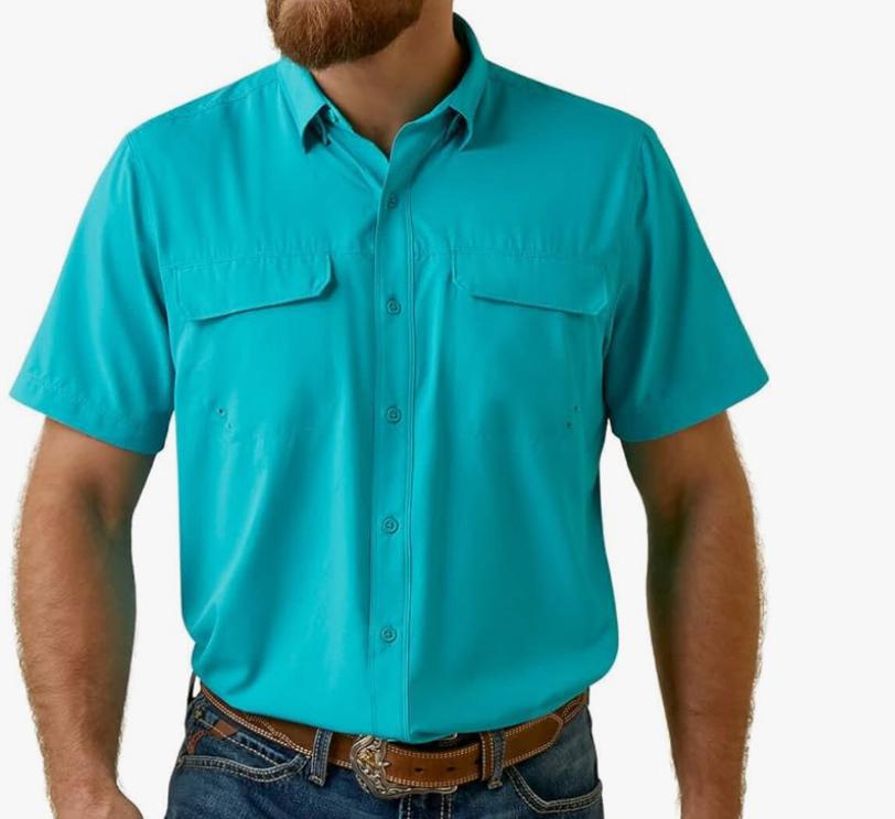 Mens Ariat Venttek outbound Fitted short sleeve Drift Turquoise shirt | 10051383
