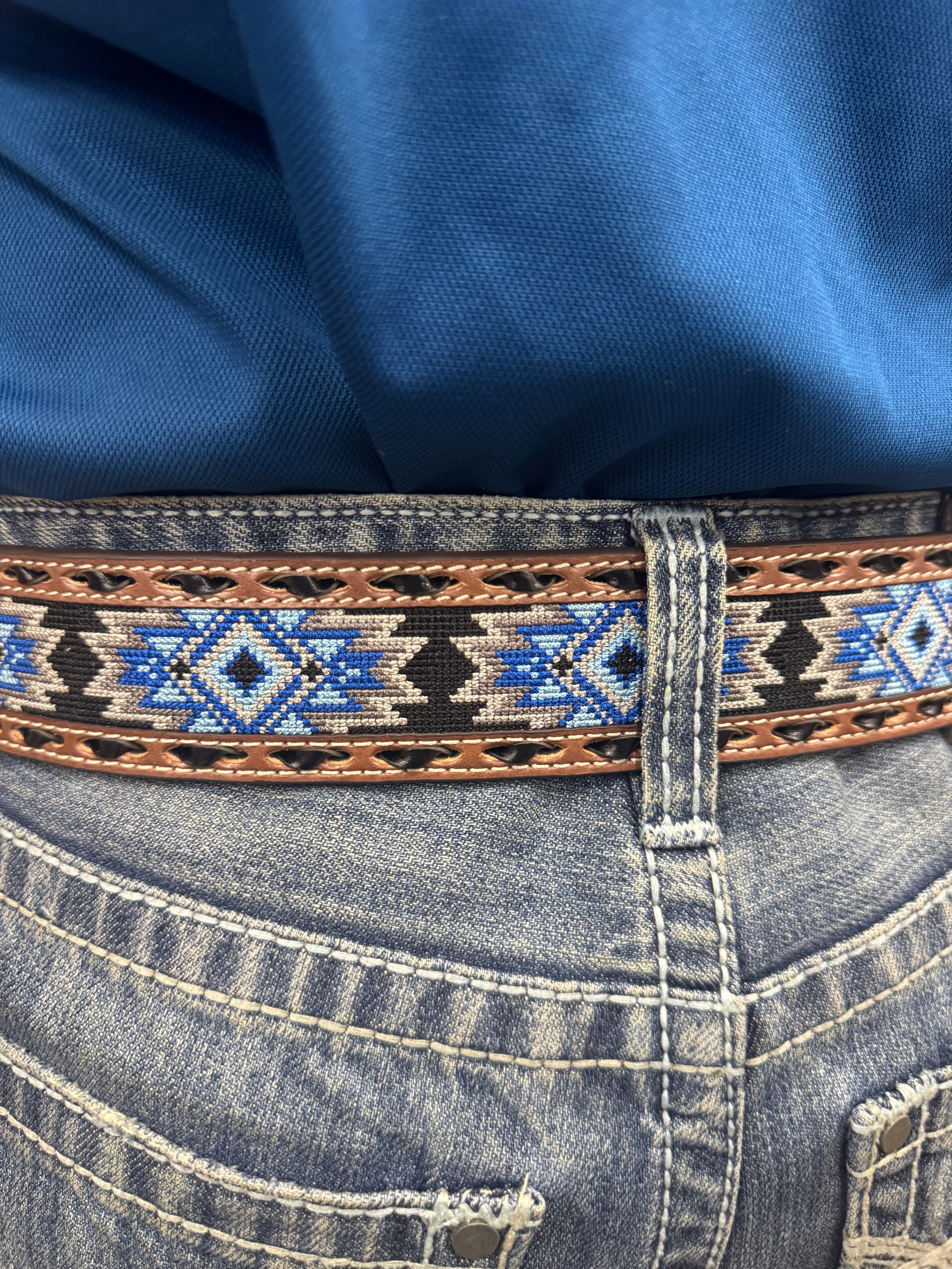 ‘’DANIEL’’ 3D Western Belt Mens Diamond Inlay Embossed Brown Blue |D100017002