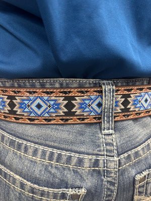 ‘’DANIEL’’ 3D Western Belt Mens Diamond Inlay Embossed Brown Blue |D100017002