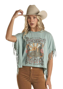 Rock & Roll Ladies Desert Rodeo Fringe Sky Blue T-Shirt|  BW21T02064