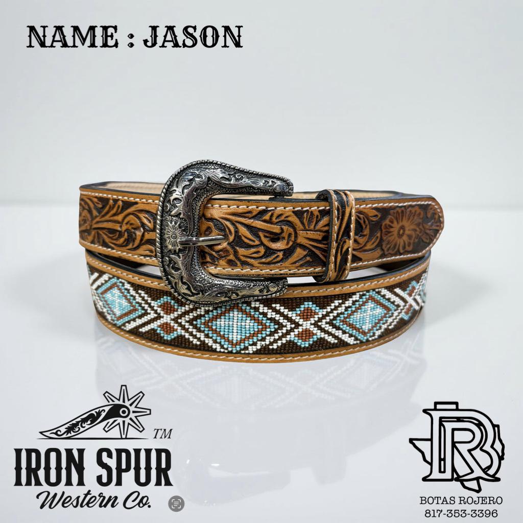 “JASON”| IRON SPUR ™️ MEN’S WESTERN TOOLED LEATHER BELT BEADED CROSS