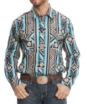 Rock & Roll  Men's Navy & Turquoise Aztec Print Long Sleeve Western Shirt| BMN2S02150