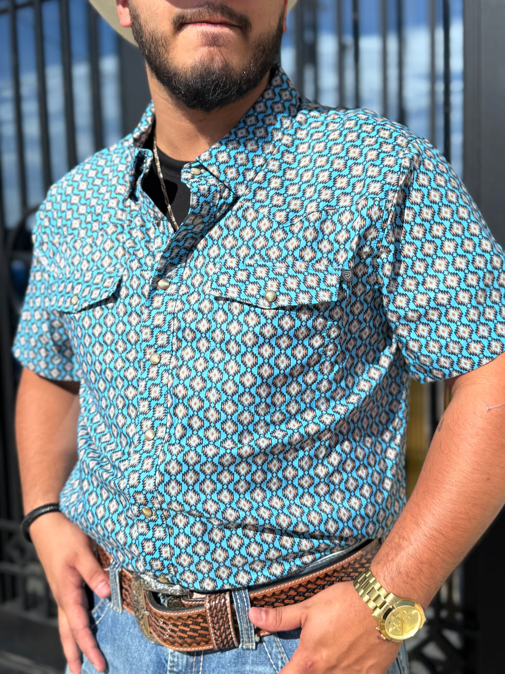 ‘’CARSON’’ MEN’S ROCK & ROLL BLUE MINI AZTEC TEK WESTERN SNAP SHIRT |BMN3S06422