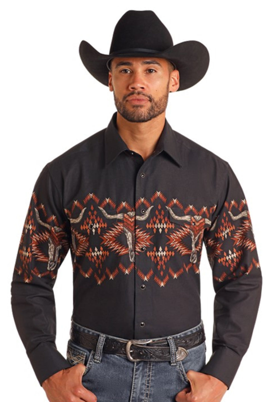 Rock & Roll Denim Men's Black Skull Aztec Border Long Sleeve Shirt |SMN2S06048