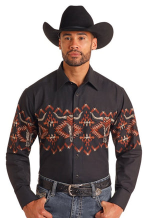 Rock & Roll Denim Men's Black Skull Aztec Border Long Sleeve Shirt |SMN2S06048
