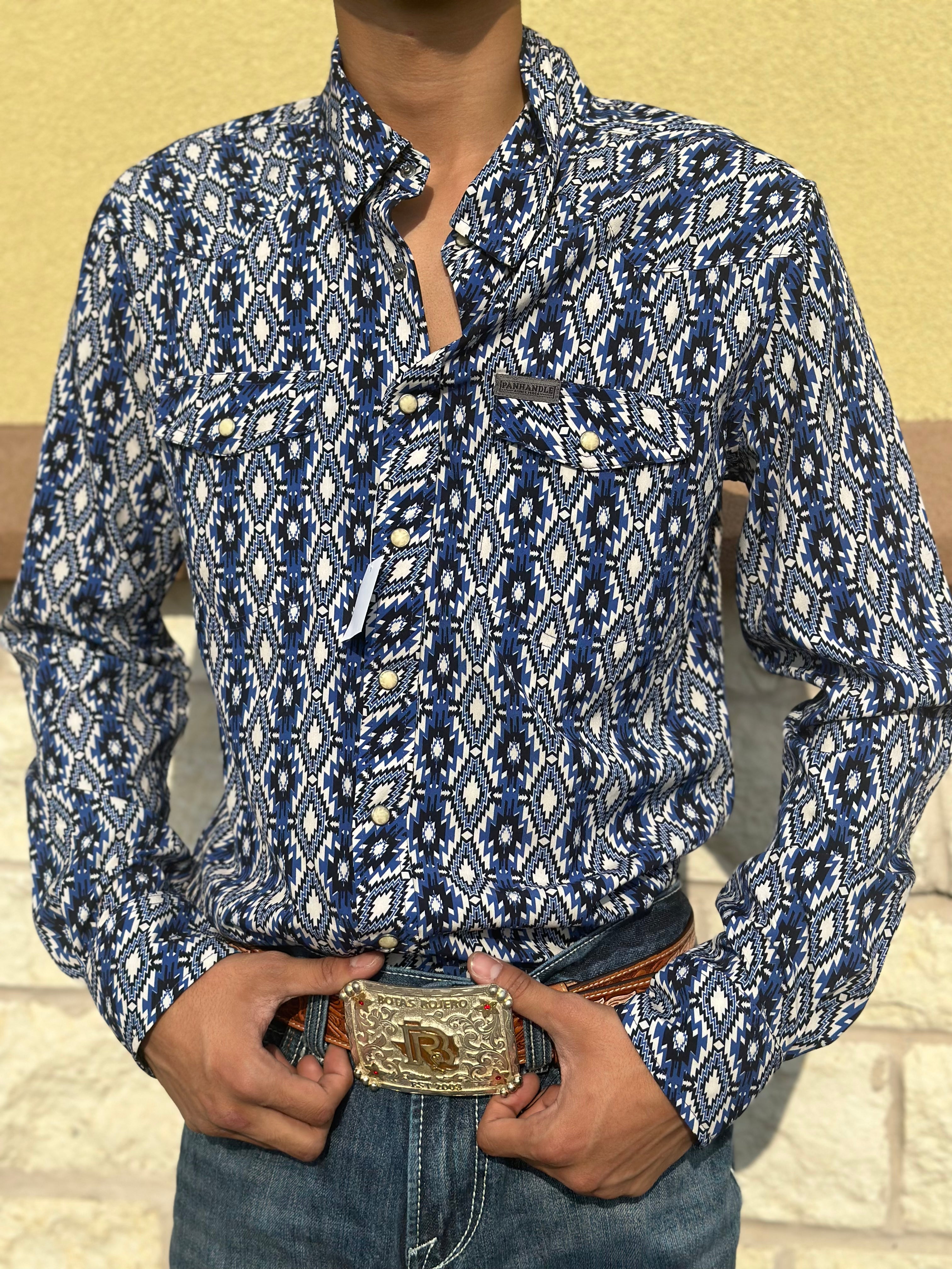 Men’s long sleeve 2pkt Aztec woven snap indigo panhandle |TMN2S02473