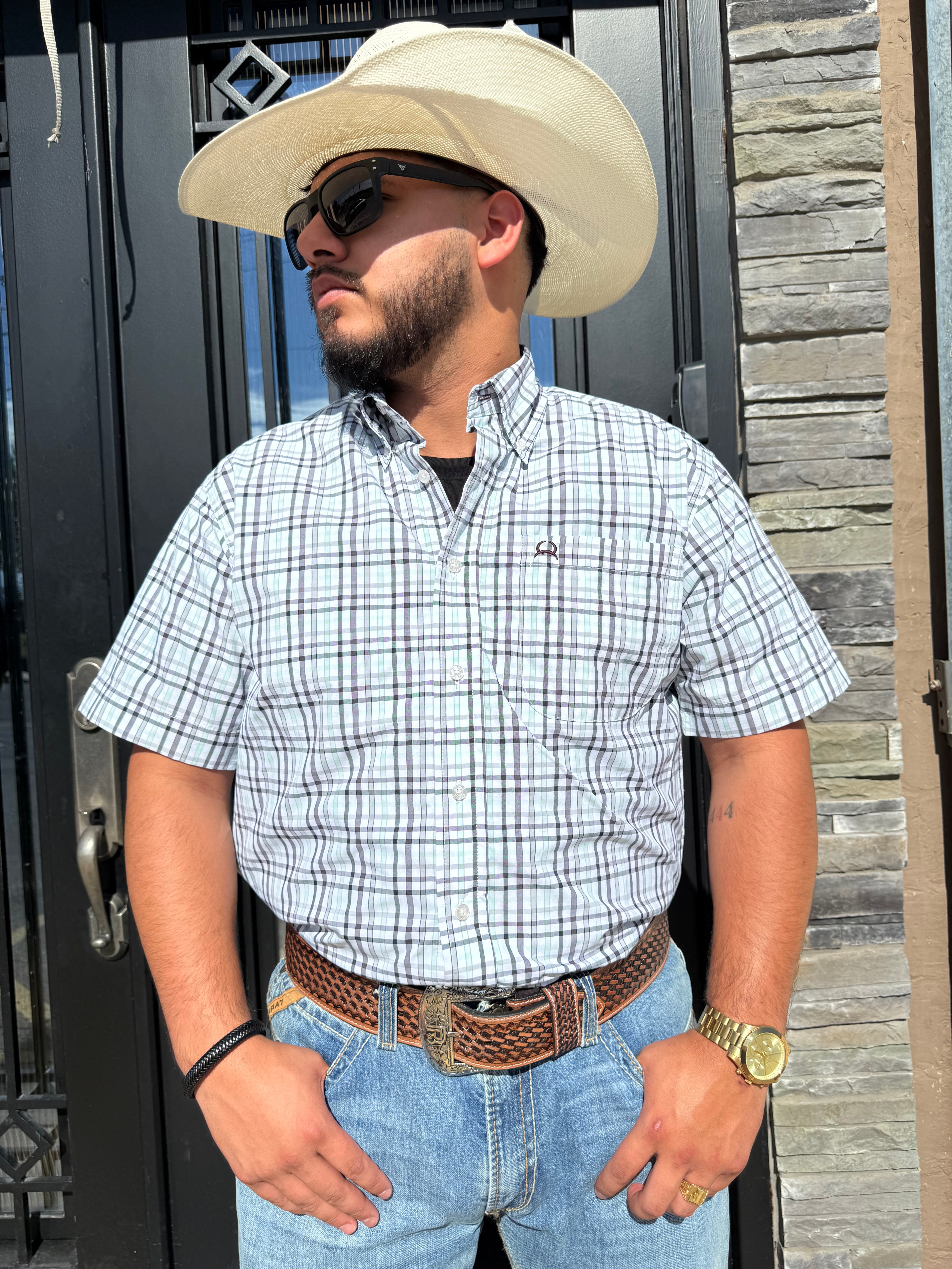 CINCH MENS SHORT SLEEVE WHITE PLAID ARENAFLEX  | MTW1704160