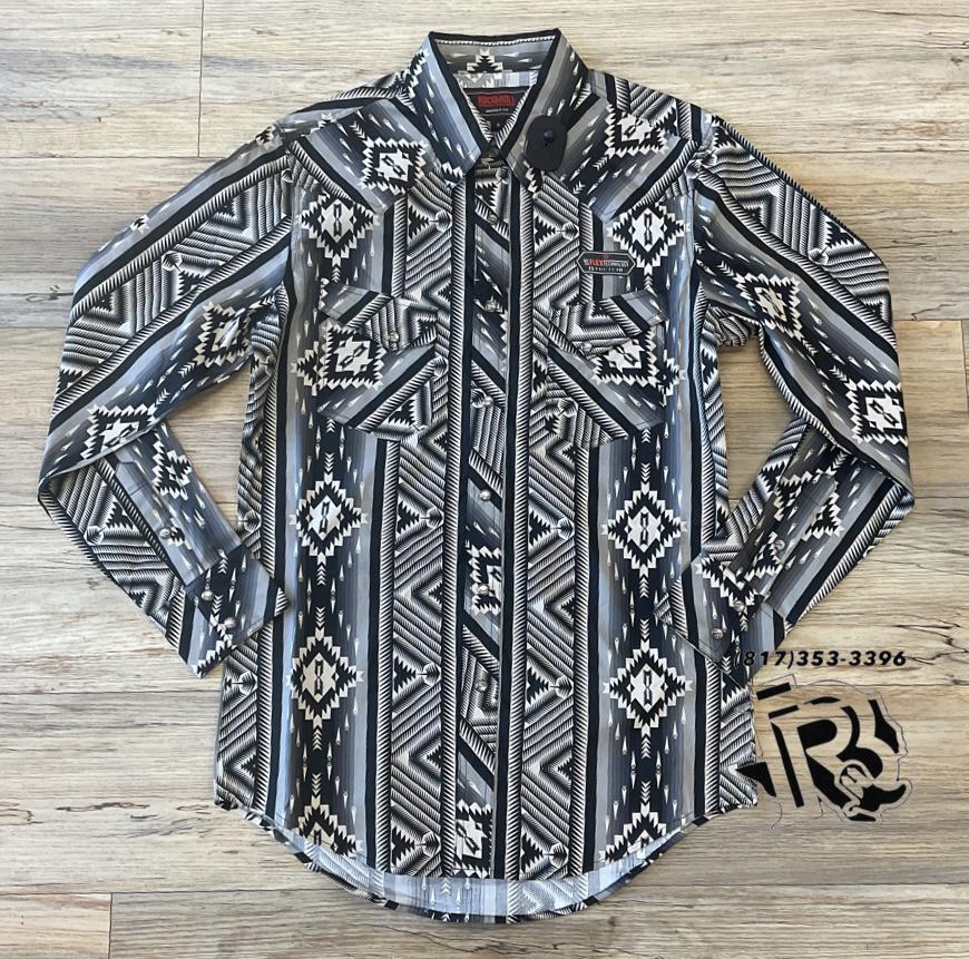 Men’s long sleeve 2pkt Aztec woven snap black shirt | BMN2S02166