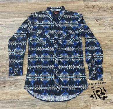 Men’s rock & roll long sleeve 2pkt Aztec woven snap navy shirt | BMN2S02157