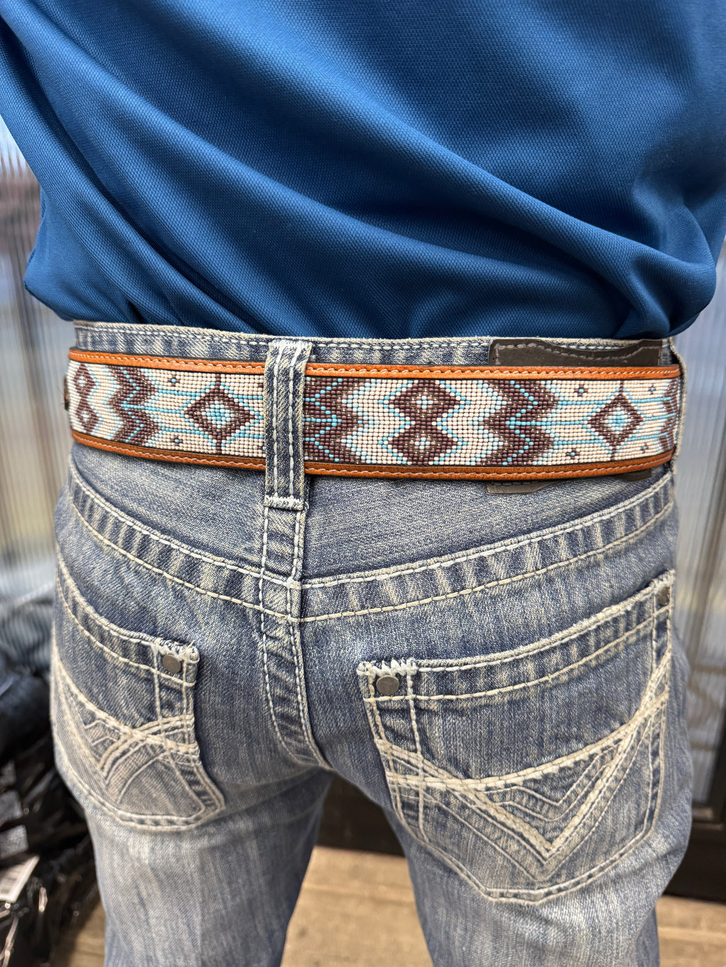 “ FABIAN “ | MEN WESTERN BEADED BELT LIGHT BLUE