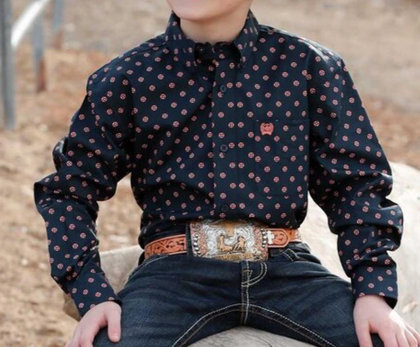 CINCH BOYS NAVY PRINT LN SLEEVE SHIRT | MTW7060401