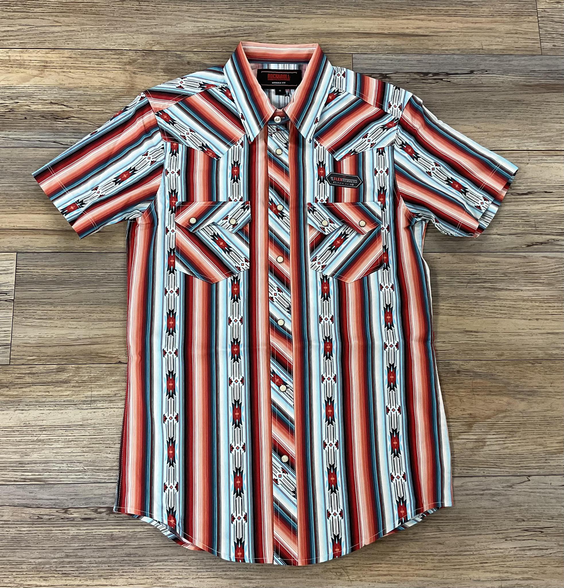 MEN’S ROCK & ROLL SHORT SLEEVE RED AZTEC  STRIPE PRINT SHIRT | BMN3S05863