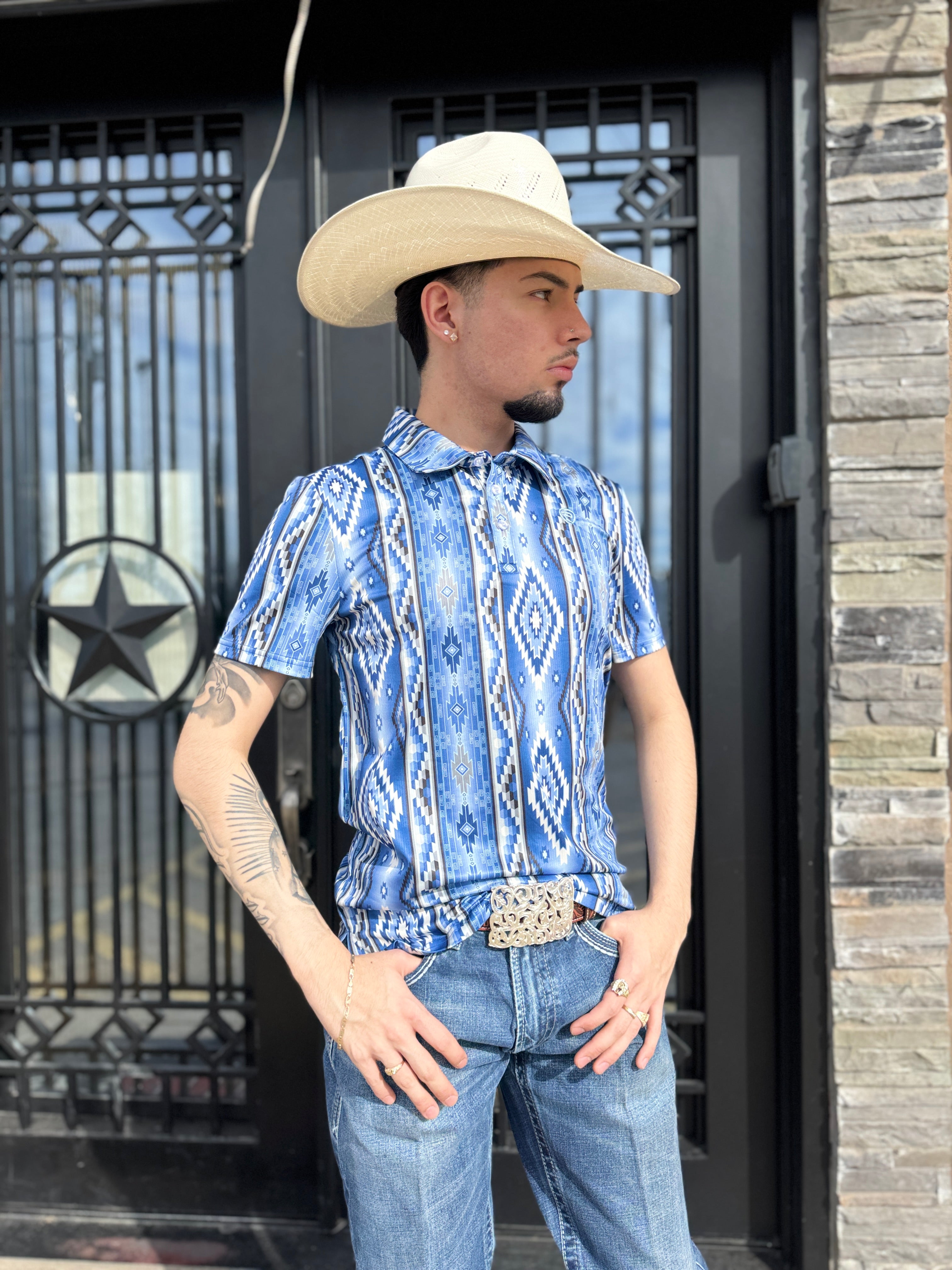 MENS ROCK & ROLL BLUE PRINTED AZTEC POLO | BM51T04452