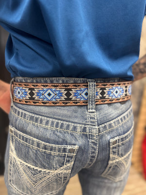 ‘’DANIEL’’ 3D Western Belt Mens Diamond Inlay Embossed Brown Blue |D100017002