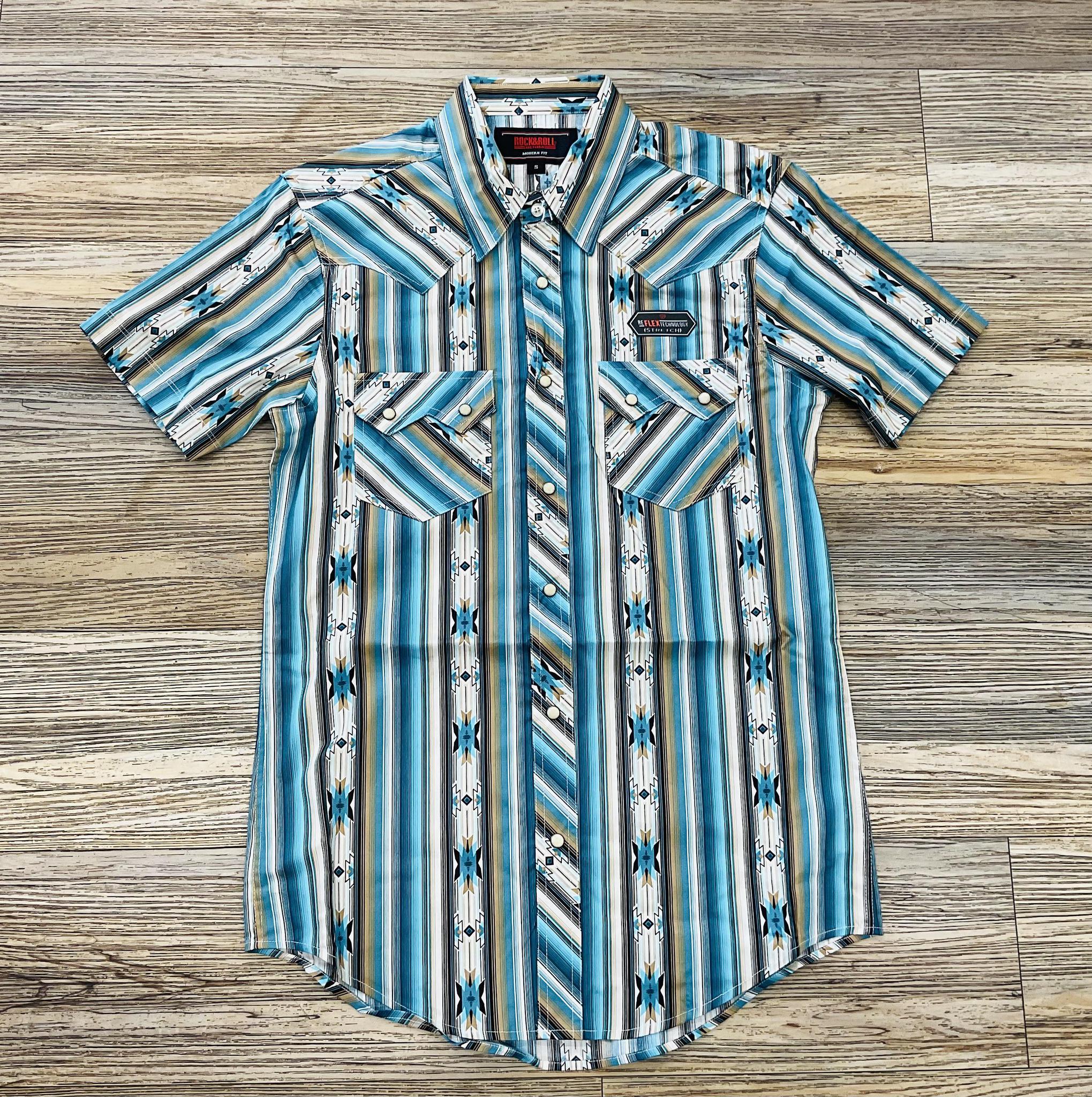 MEN’S ROCK & ROLL BRIGHT TURQUOISE AZTEC PRINT SHORT SLEEVE SHIRT | BMN3S05855