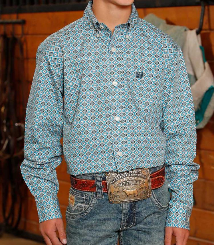 CINCH BOY'S BLUE PRINTED LONG SLEEVE SHIRT |MTW7060386