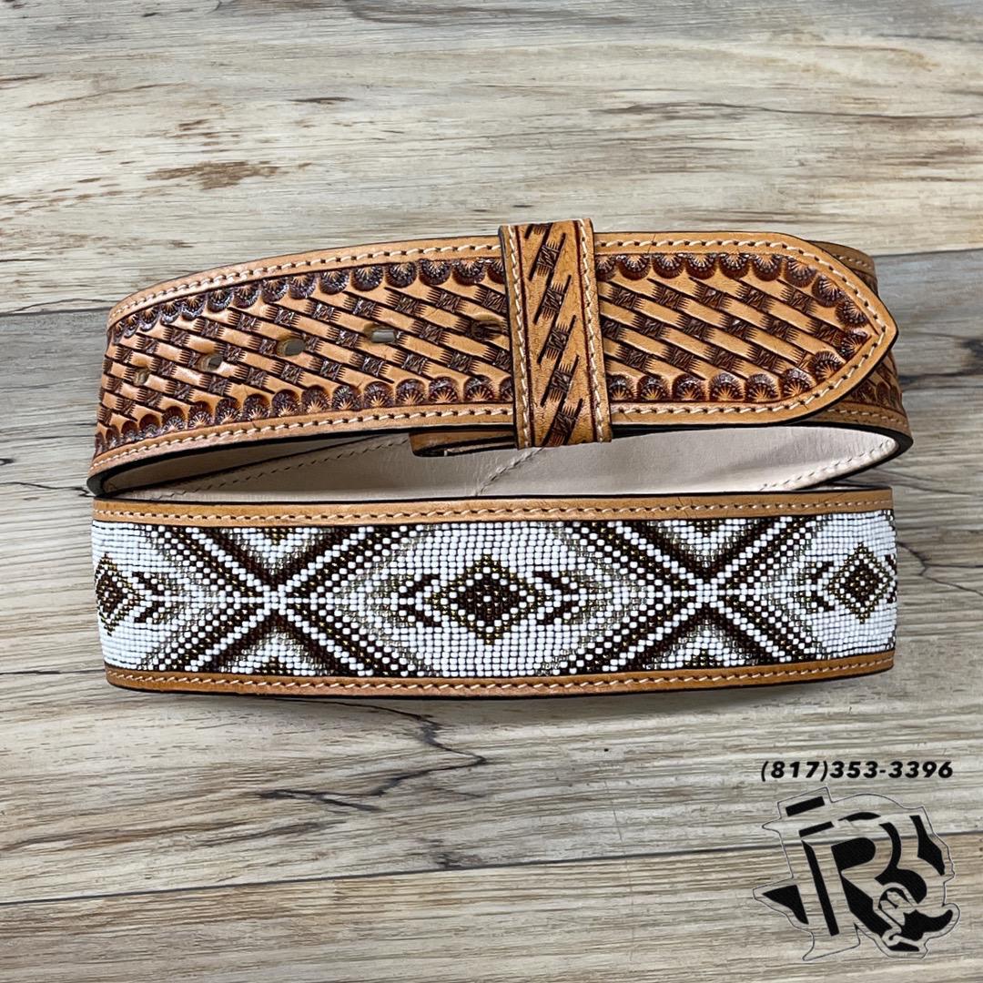 “ Damian  “ | 2 INCH MEN WESTERN TOOLED LEATHER BELT BEADED WHITE