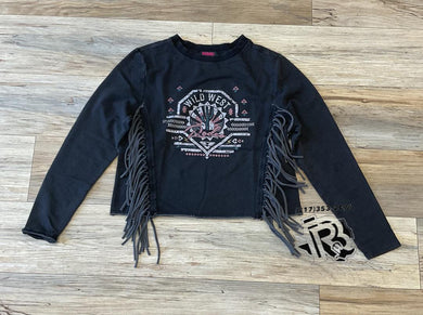 Womens rock & roll graphic pullover with fringe black | BW91T02059