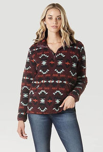 WOMEN'S WRANGLER RETRO SOUTHWESTERN PRINT SHERPA PULLOVER IN WINE TASTING| 112335654