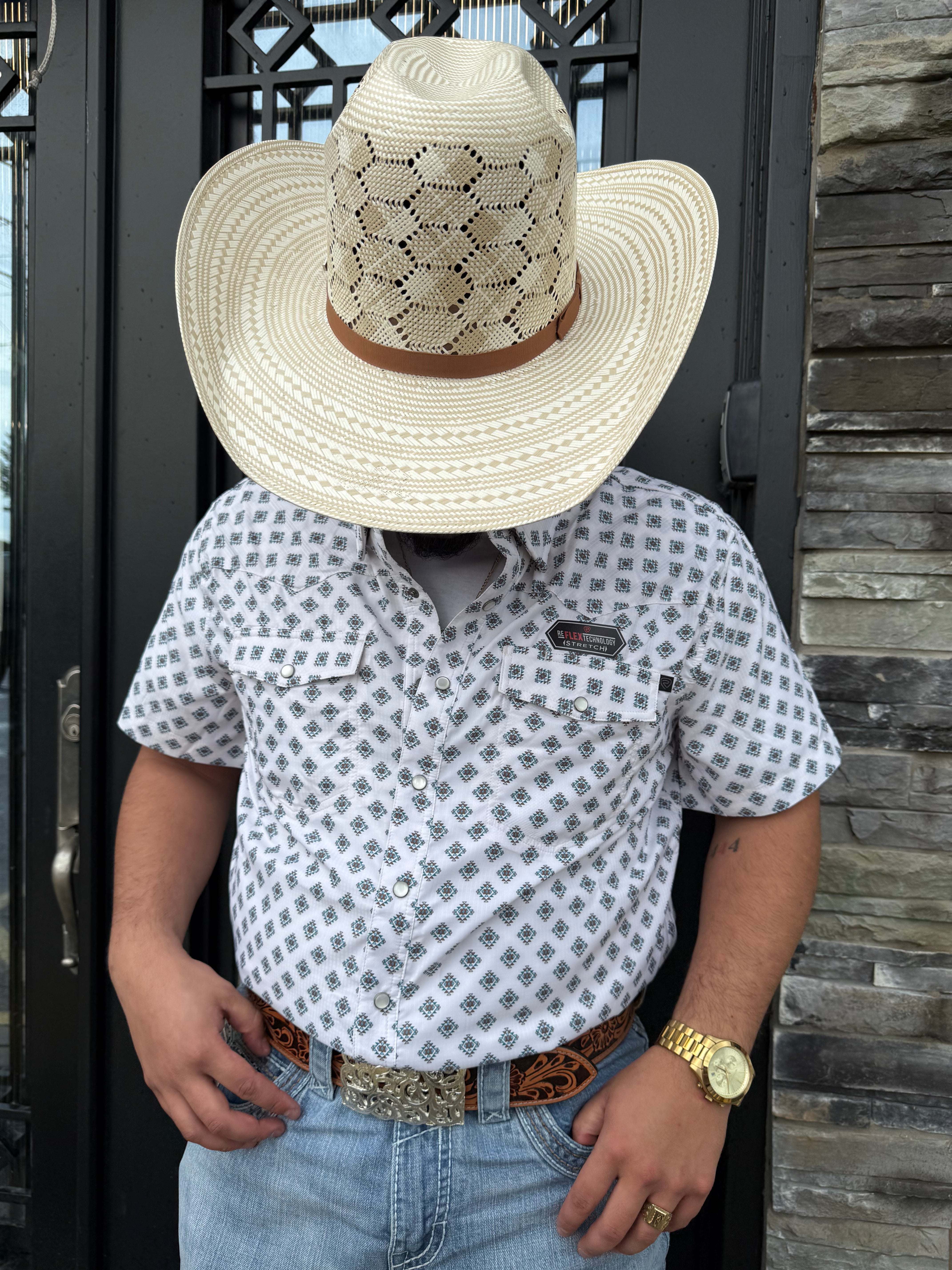 ‘’JOHN’’ MEN’S NATURAL GEO PRINT TEK SHORT SLEEVE SNAP SHIRT | BMN3S06424