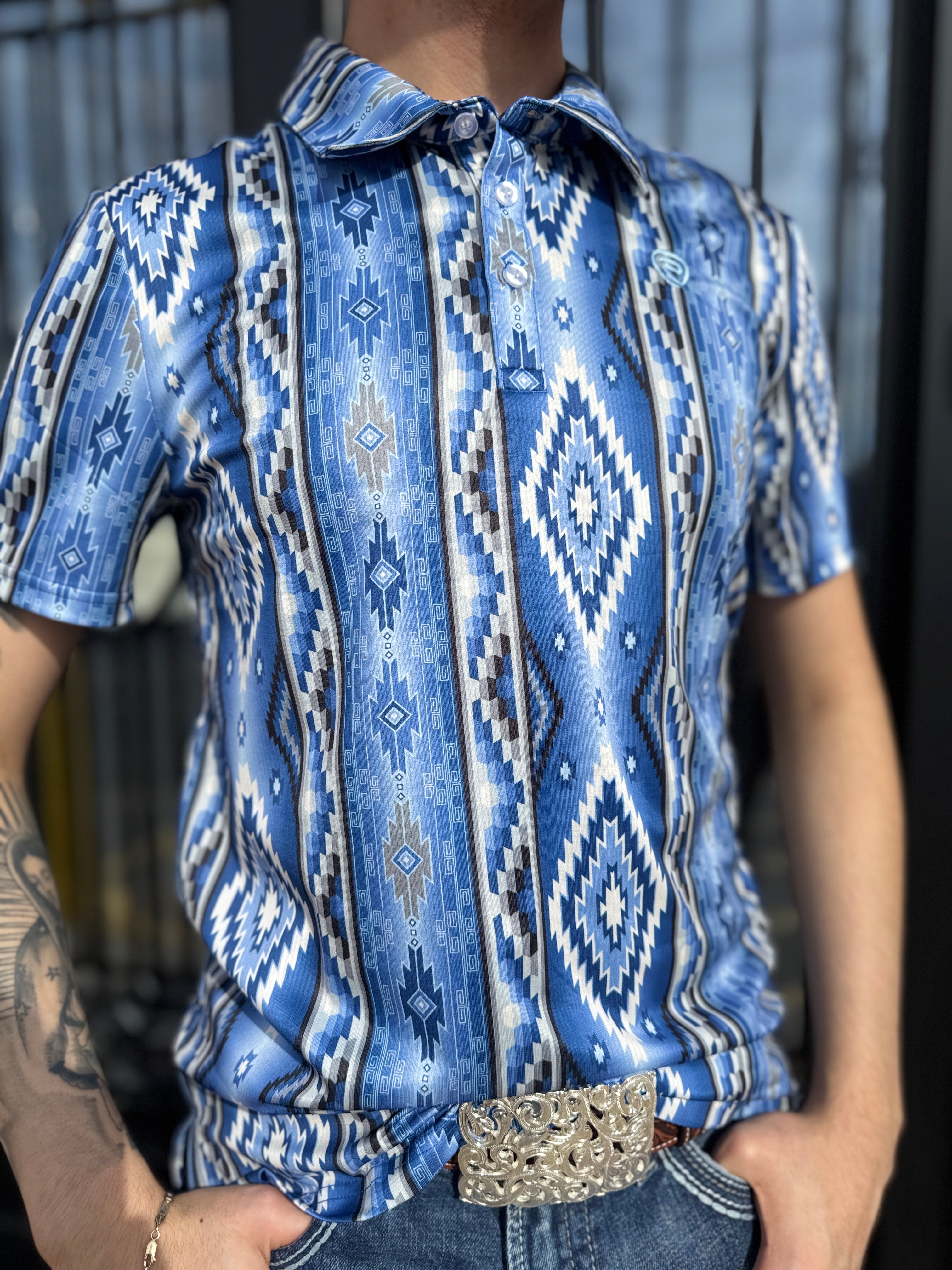 MENS ROCK & ROLL BLUE PRINTED AZTEC POLO | BM51T04452