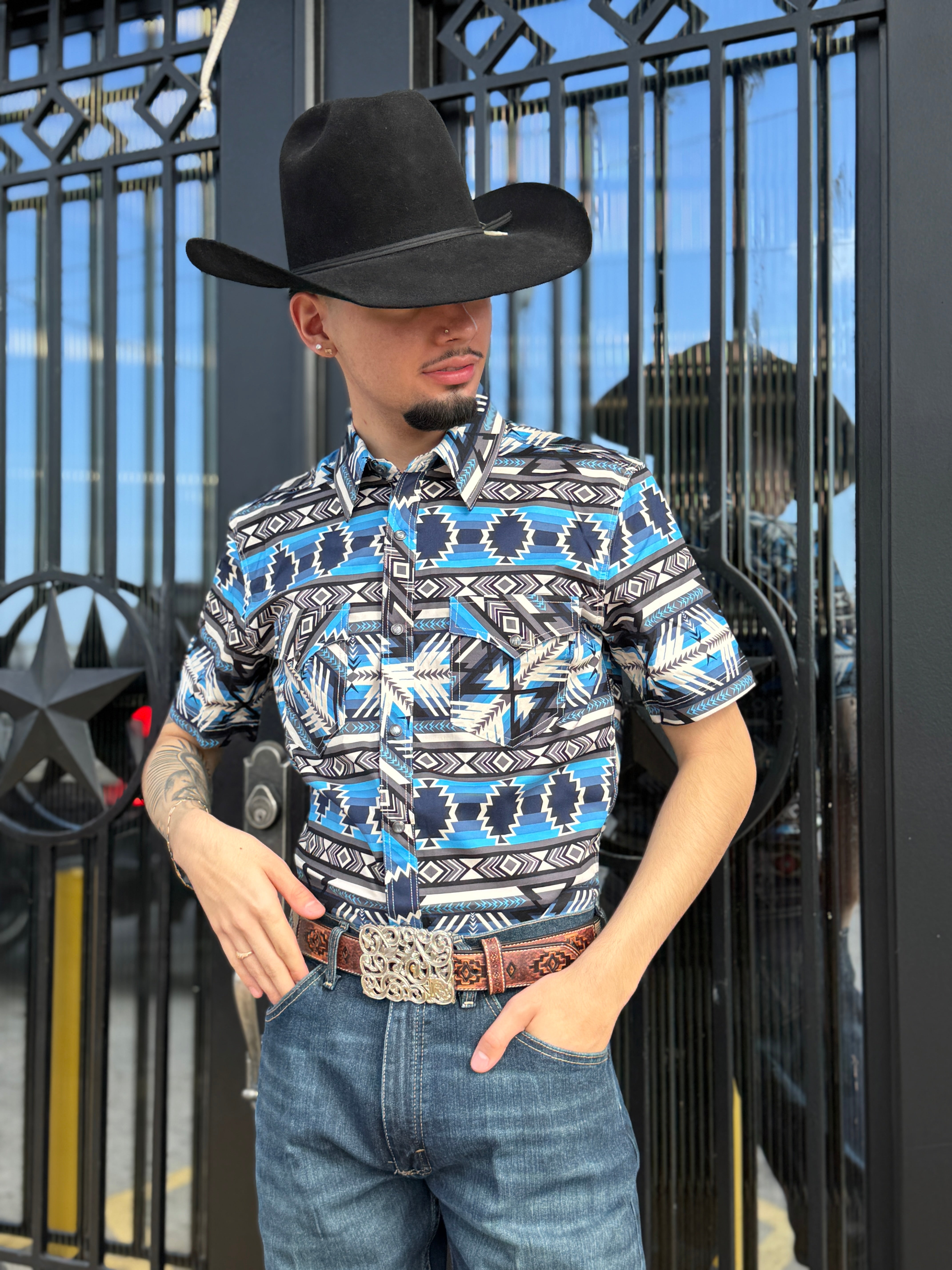 MEN ROCK & ROLL BLUE AZTEC PRINT SHIRT | BMN3S05861