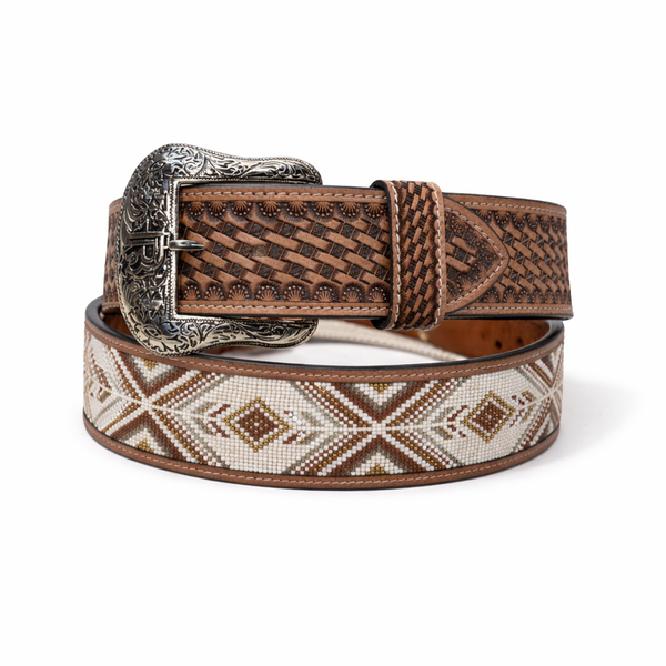 Damian “ | 2 INCH MEN WESTERN TOOLED LEATHER BELT BEADED LIGHT