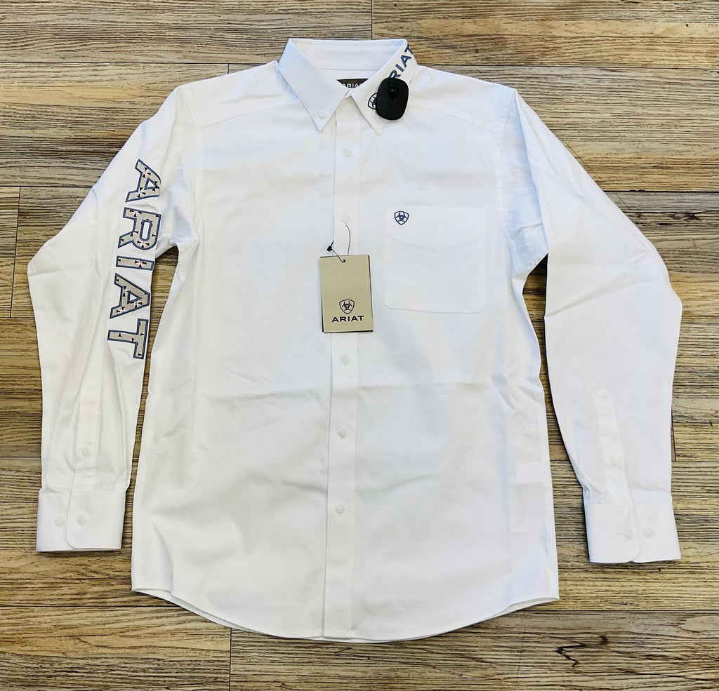 MEN’S ARIAT TEAM LOGO TWILL LONG SLEEVE WHITE/KHAKI SHIRT | 10055286