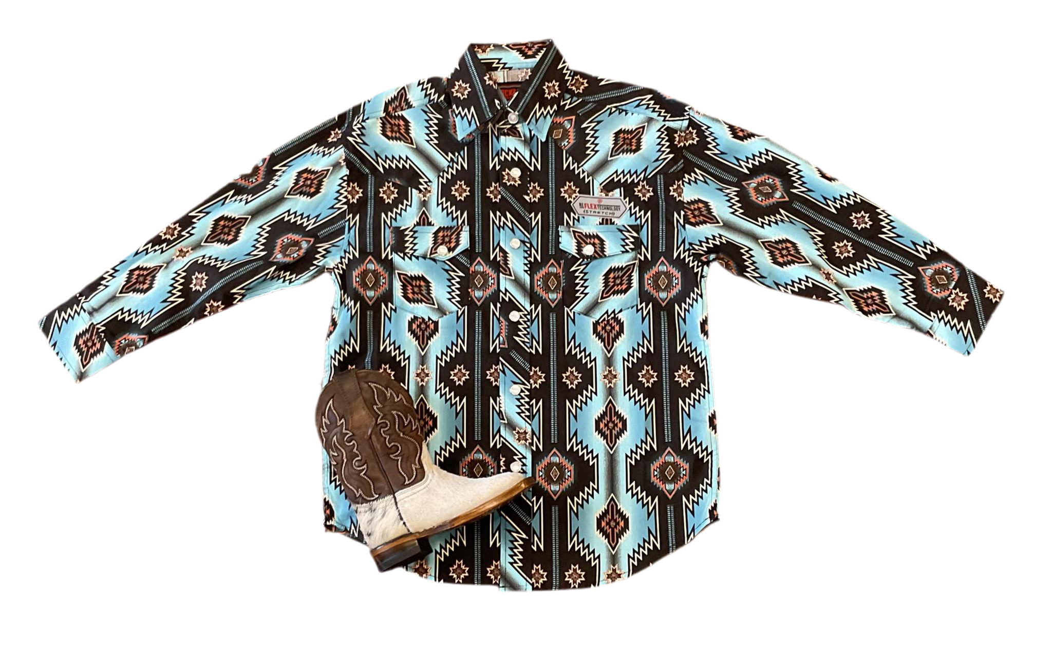 BOYS AZTEC POPLIN PRINT TEAL LONG SLEEVE SHIRT ROCK & ROLL | RRBSOSRZ14