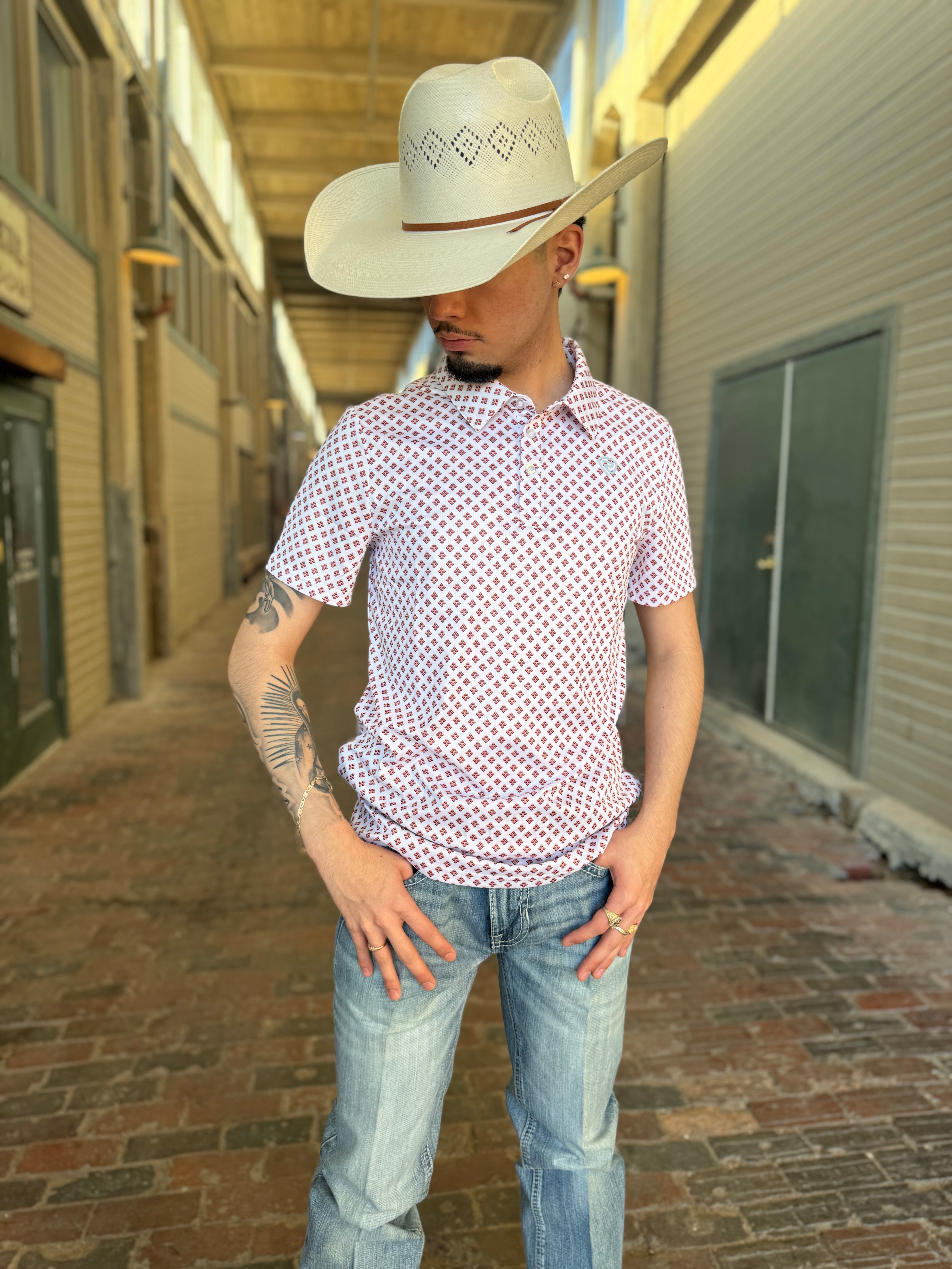 MEN’S ROCK & ROLL WHITE GEO PRINTED POLO |BM51T06003