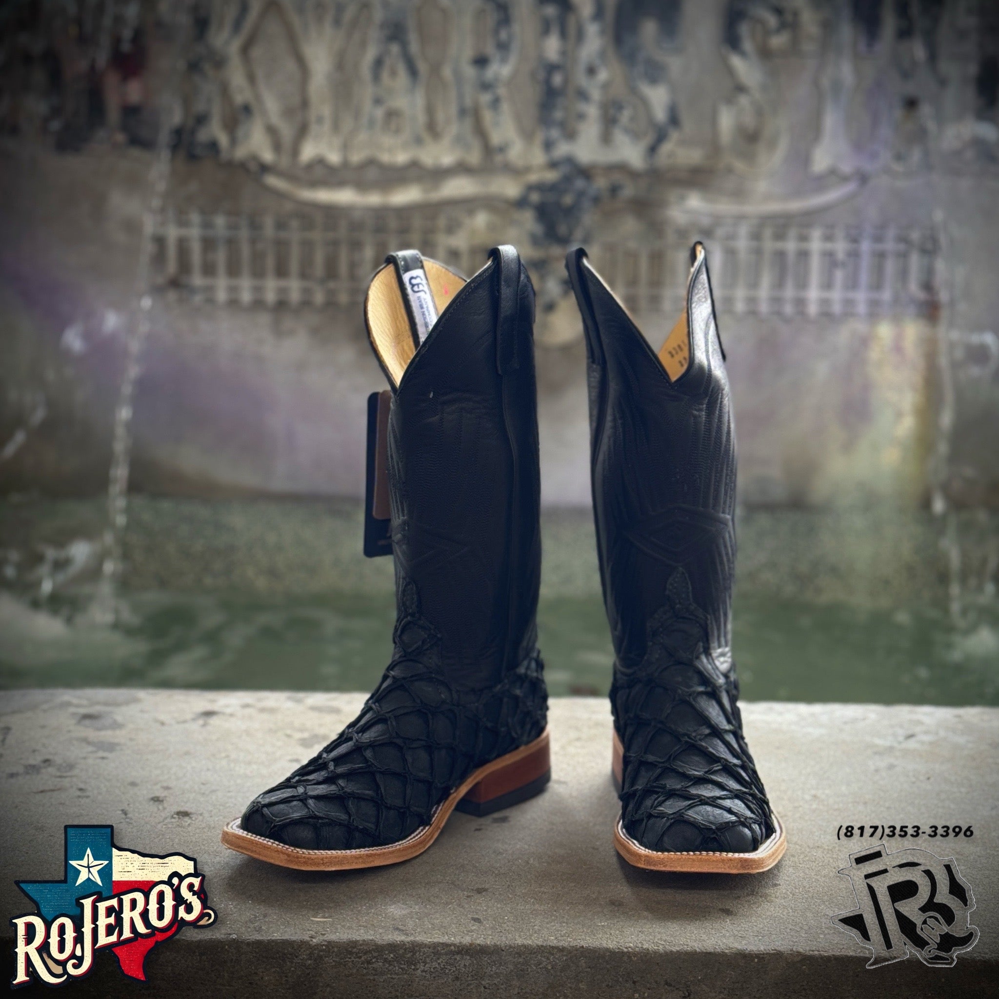 ANDERSON BEAN | FISH BOOT SQUARE TOE MEN WESTERN BOOTS MATTE BLACK STYLE :