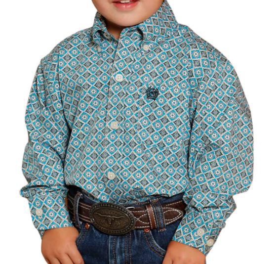 Cinch Infant Boy's Blue Diamond Print Button Down Shirt |MTW7062386