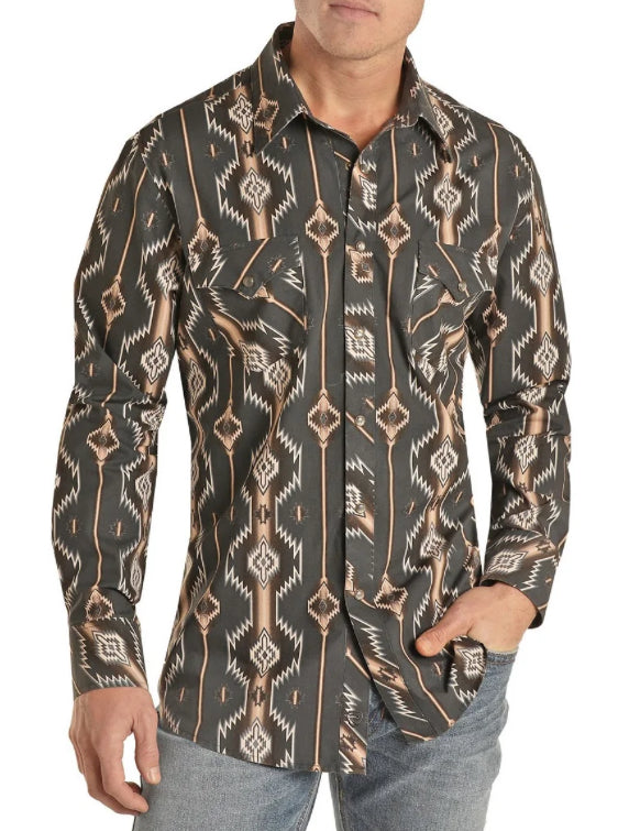 Men's Rock&Roll Charcoal Aztec Print Shirt (B2S2034)