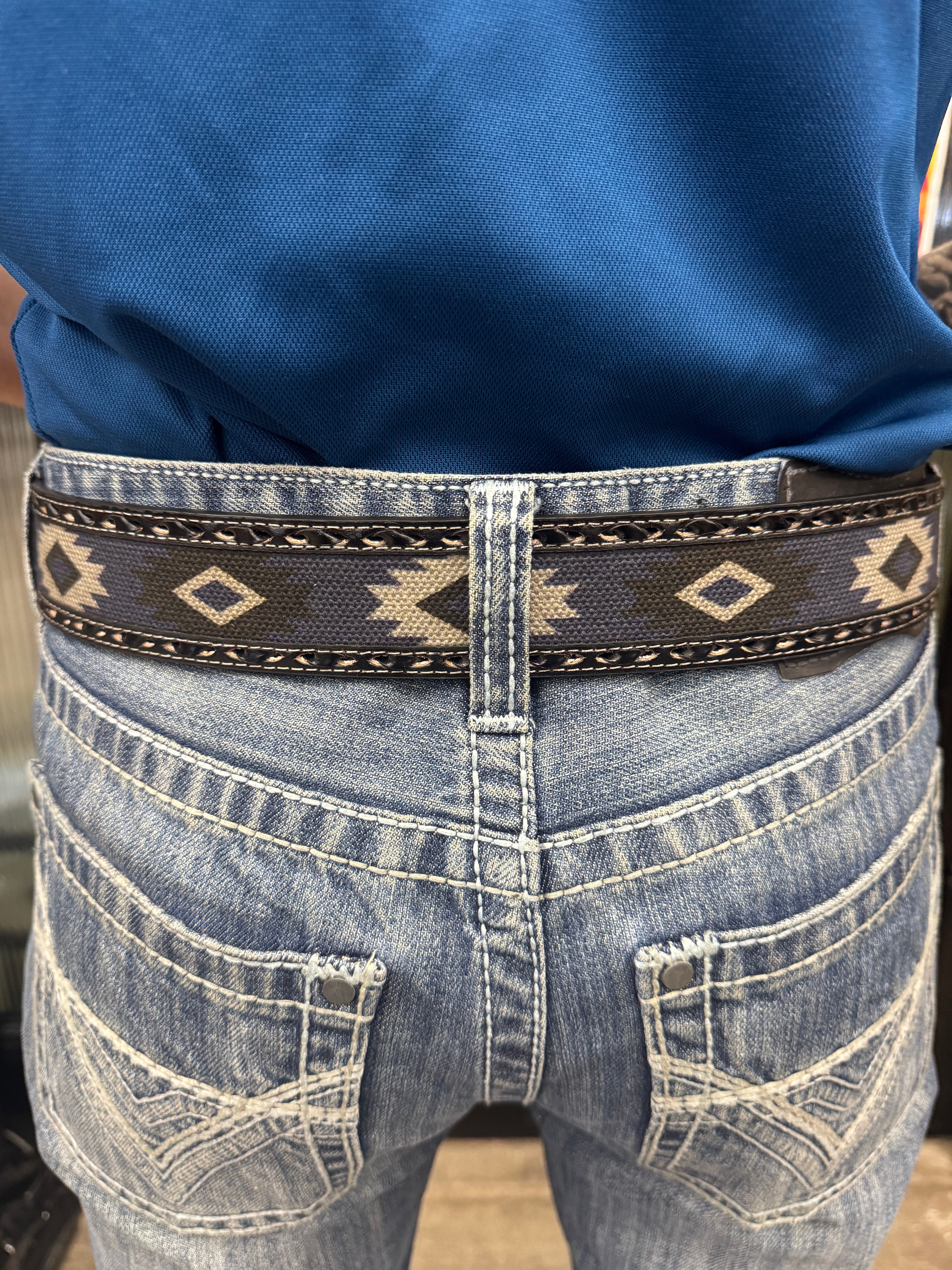 “ BLUE AZTEC “  | MEN WESTERN COWBOY BELT SOUTHWESTERN FABRIC BUCK STITCH N210002706